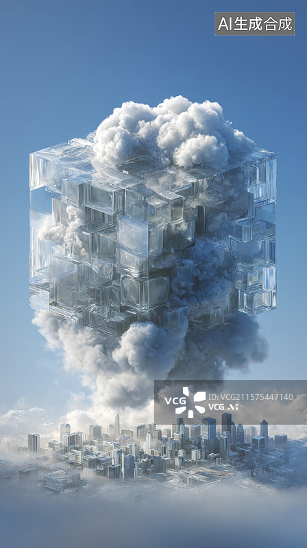 【AI数字艺术】云中建筑群，未来城市景象图片素材