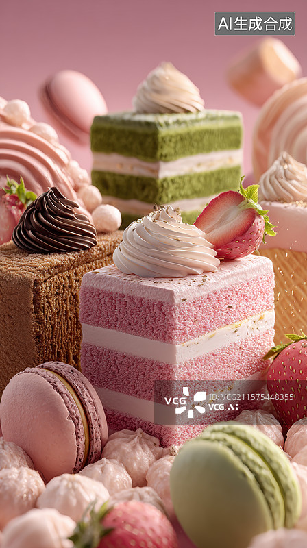 【AI数字艺术】精致甜品拼盘，色彩斑斓的蛋糕与马卡龙图片素材