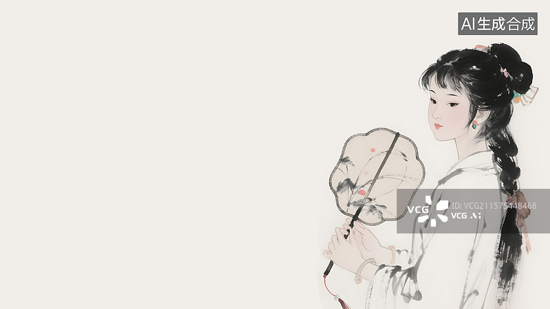 【AI数字艺术】拿团扇的古代女子水墨画背景居右图片素材