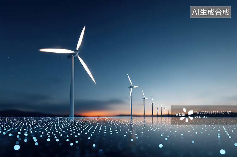 【AI数字艺术】海上风电新能源发电概念科技风插画图片素材