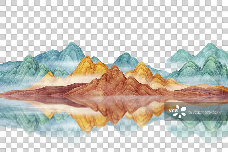 新中式山水彩色金色水墨意境山水画元素图片素材