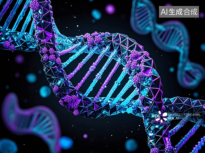 【AI数字艺术】几何碎片、自发光细胞模式、分形边缘、算法艺术，构成DNA双螺旋图片素材