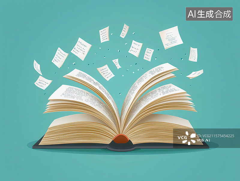 【AI数字艺术】翻开的书页与飞舞的纸片图片素材