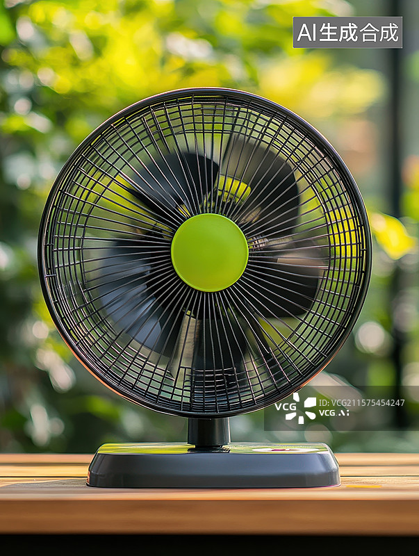 【AI数字艺术】绿色电风扇在户外桌面上运转图片素材