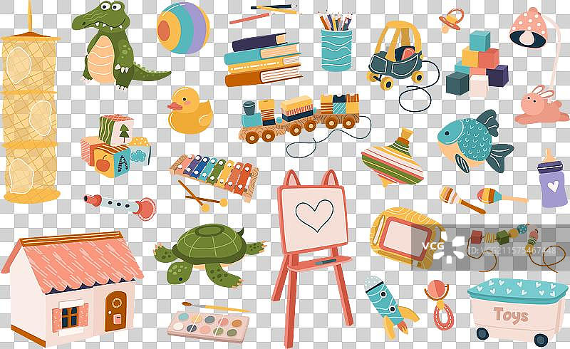 一套可爱的毛绒和塑料玩具供儿童使用图片素材