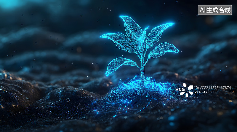 【AI数字艺术】蓝光植物在土壤中生长图片素材