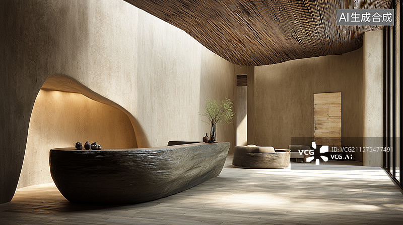 【AI数字艺术】天然材质大堂设计：雕琢石灰石台与竹构穹顶的静谧极简风图片素材