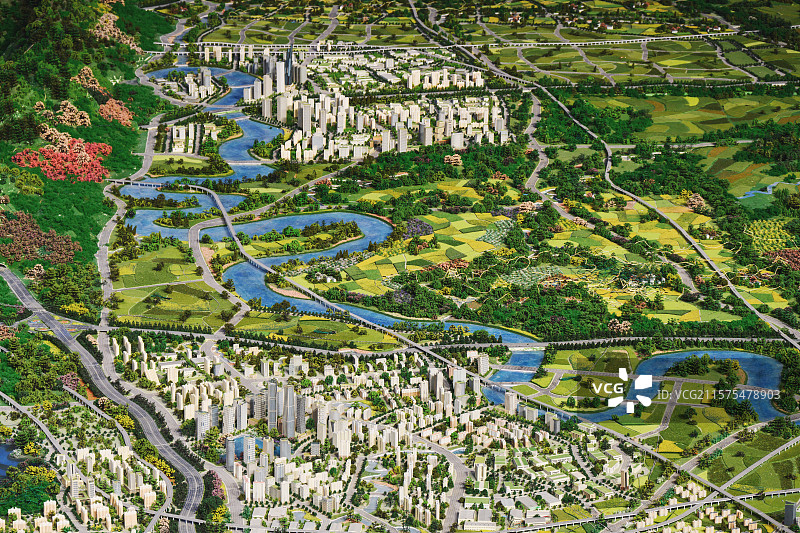 成都平原河流沿岸城市风光建筑模型沙盘图片素材