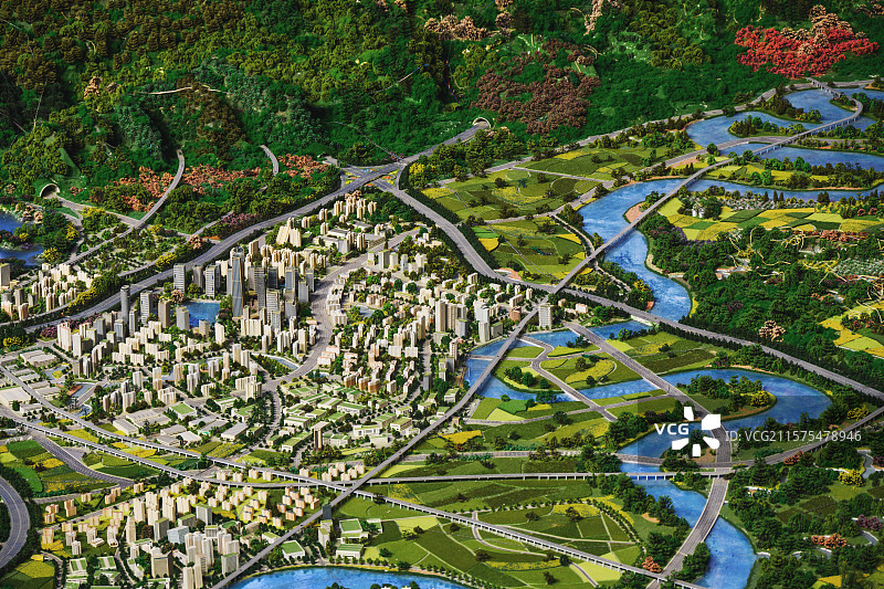 成都平原河流沿岸城市风光建筑模型沙盘图片素材