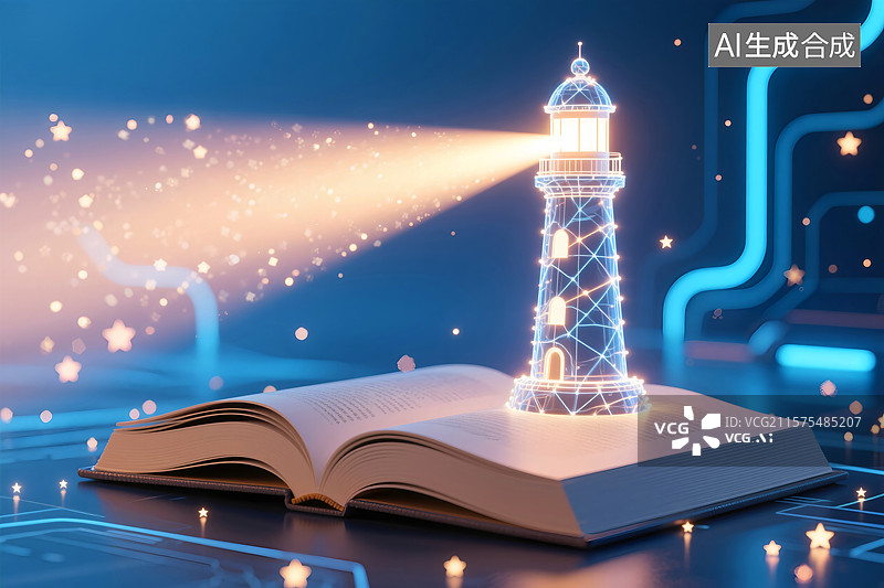 【AI数字艺术】【AI数字艺术】打开的书上有一个发光的数字化灯塔，科技背景图片素材
