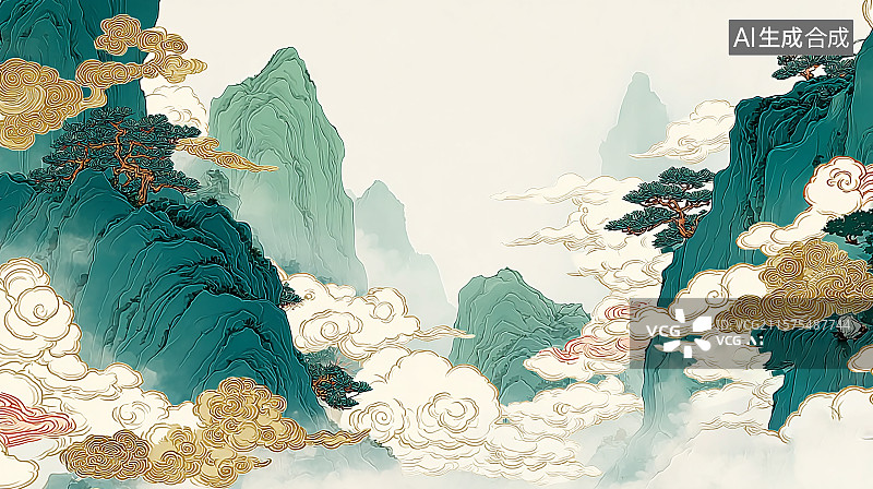 【AI数字艺术】祥云，山谷上的松树，一片人间仙境图片素材