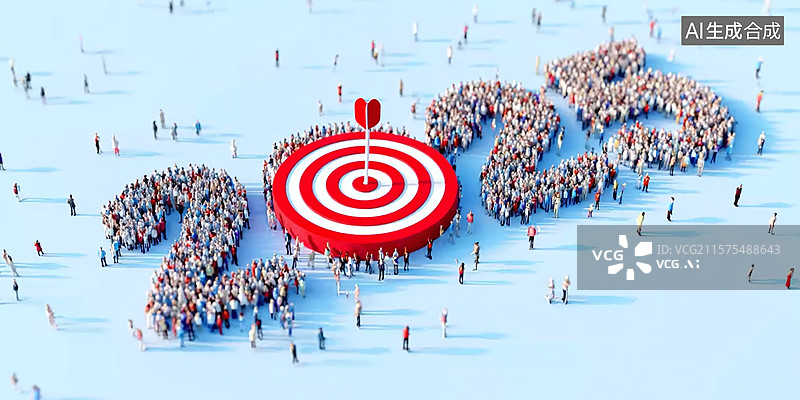 【AI数字艺术】以群体汇聚诠释2025年目标导向与市场定位战略，借人群组构箭靶形态，展现营销精准靶向逻辑图片素材