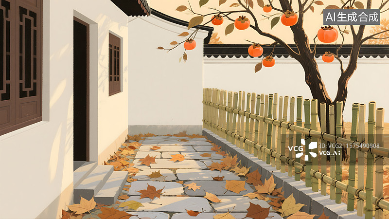 【AI数字艺术】柿子树下的秋日庭院图片素材