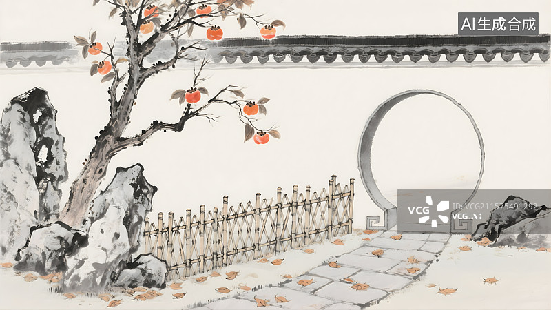 【AI数字艺术】柿子树下的秋日庭院图片素材