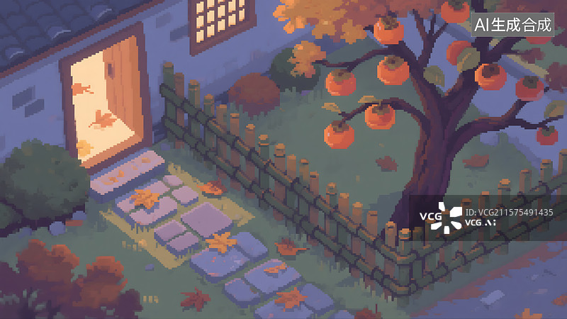 【AI数字艺术】柿子树下的秋日庭院图片素材