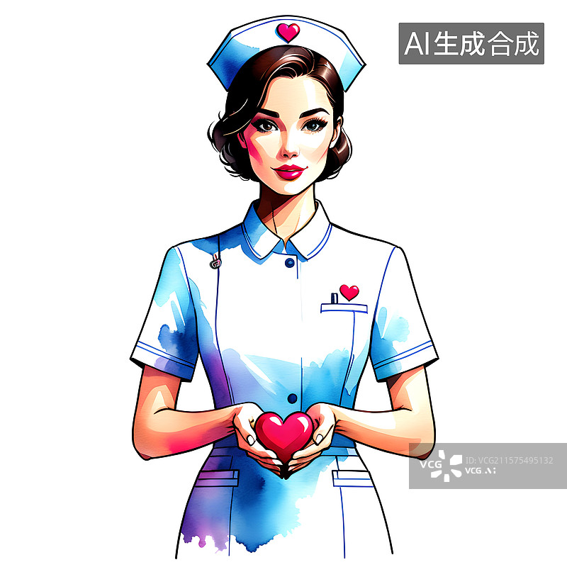 【AI数字艺术】护士主题插画 水彩漫画风格 捧着心型的护士图片素材