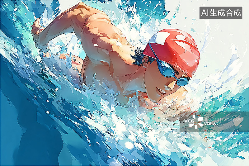 【AI数字艺术】游泳运动员戴着泳帽和护目镜在泳池拼搏图片素材