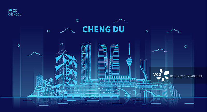 夜光城市成都地标建筑群天际线线条矢量插画海报设计模板图片素材