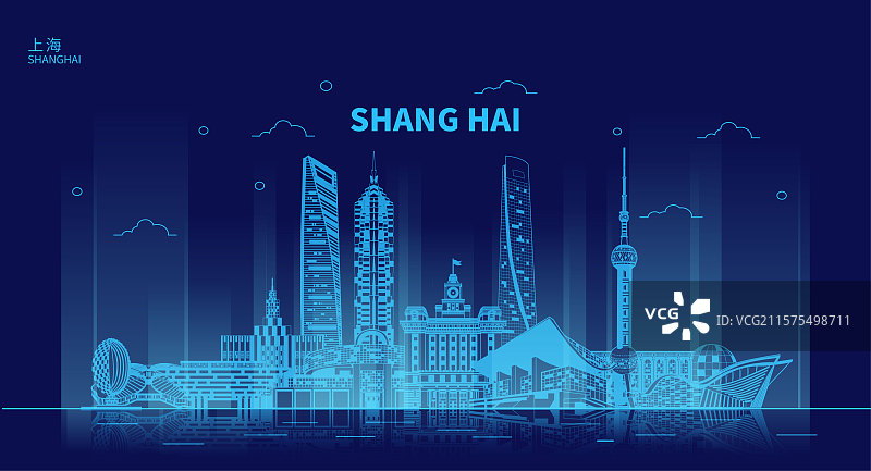夜光城市上海地标建筑群天际线线条矢量插画海报设计模板图片素材