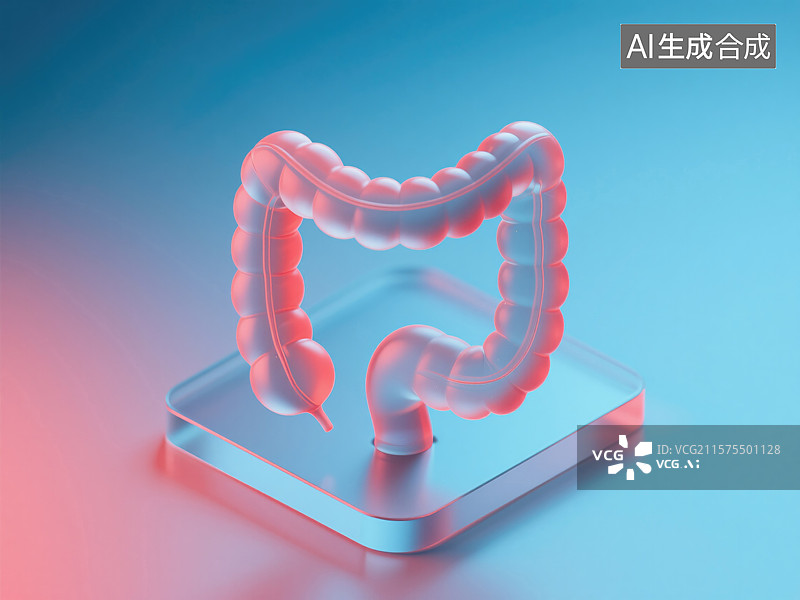 【AI数字艺术】创新消化系统科技以大肠元素为特色的抽象商业背景蓝红色调未来派设计透明科技美学展现医学进步图标插画图片素材