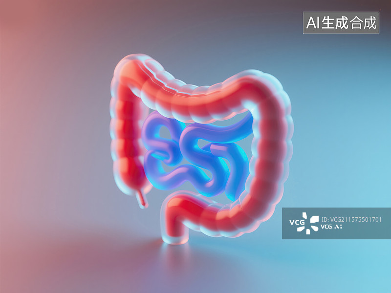 【AI数字艺术】创新消化系统科技以大肠元素为特色的抽象商业背景蓝红色调未来派设计透明科技美学展现医学进步图标插画图片素材