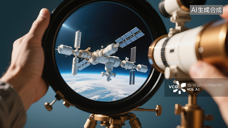 【AI数字艺术】远见卓识望远镜揭示航天空间站杂志封面和高科技演示尖端航天技术插画太空探索成就和新质生产力时代图片素材