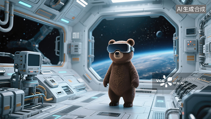 【AI数字艺术】创新太空熊探索航天航空空间站VR体验科技杂志封面和航天活动未来主义插画新质生产力太空科技和人工智能图片素材