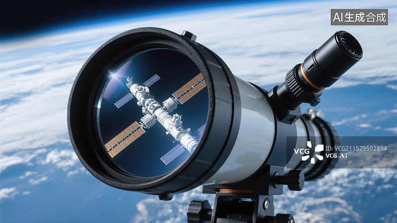 【AI数字艺术】远见卓识望远镜揭示航天空间站杂志封面和高科技演示尖端航天技术插画太空探索成就和新质生产力时代图片素材
