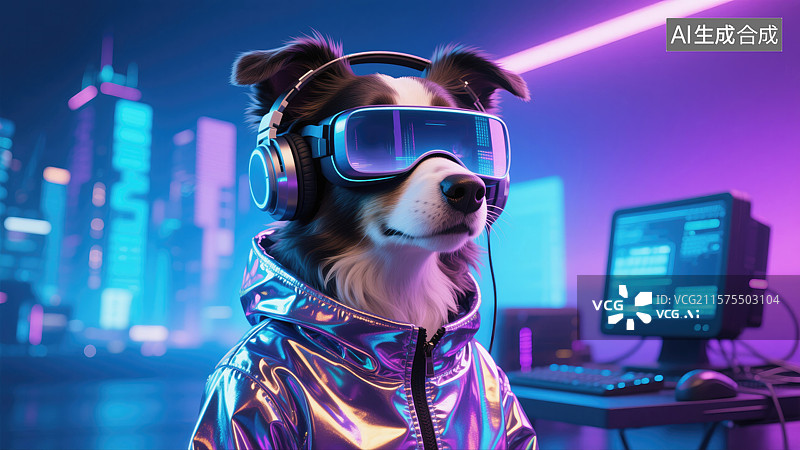 【AI数字艺术】赛博朋克风格未来边牧VR头显和激光膜套装映射智慧城市蓝紫渐变抽象科技背景杂志封面新质生产力超现实主义图片素材
