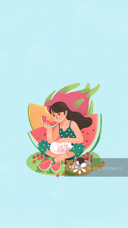 夏日个人状态 吃西瓜撸猫图片素材