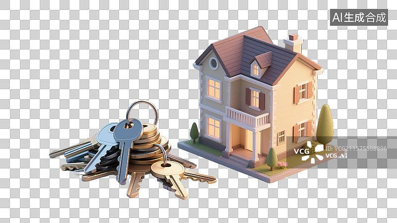 【AI数字艺术】创意3D插画钥匙与三层别墅模型房地产投资抽象商业背景透明元元素买卖不动产年度报告房地产金融科技主题图片素材