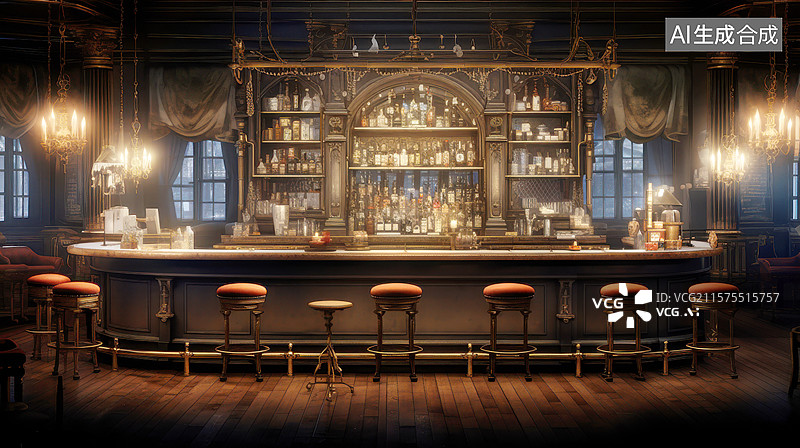 【AI数字艺术】老式复古酒吧氛围吧台图片素材