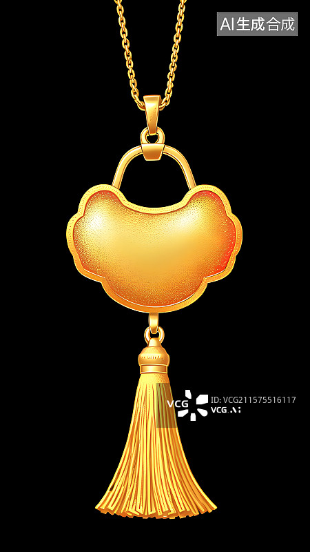 【AI数字艺术】国风手绘插画，古风黄金饰品，长命锁，如意锁，宝宝锁，流苏挂件装饰图片素材
