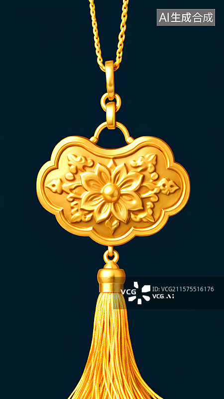 【AI数字艺术】国风手绘插画，古风黄金饰品，长命锁，如意锁，宝宝锁，流苏挂件装饰图片素材