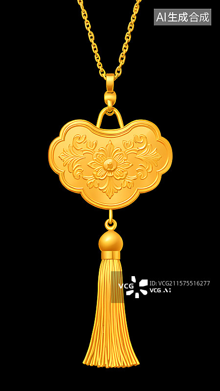 【AI数字艺术】国风手绘插画，古风黄金饰品，长命锁，如意锁，宝宝锁，流苏挂件装饰图片素材