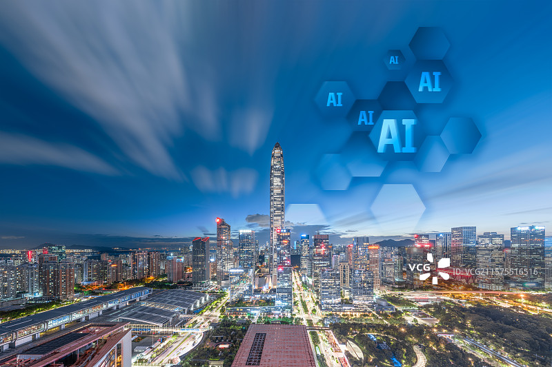 深圳福田CBD夜景和科技未来智慧城市概念图片素材