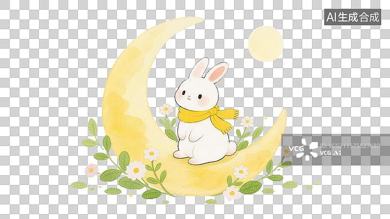 【AI数字艺术】手绘月亮上的萌兔插画图片素材