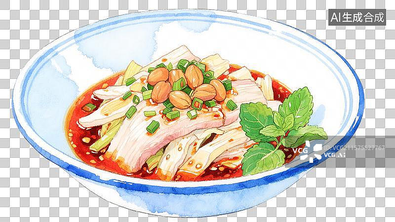 【AI数字艺术】手绘红油白肉凉皮插画图片素材