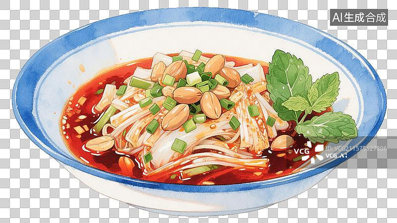 【AI数字艺术】手绘红油白肉凉皮插画图片素材