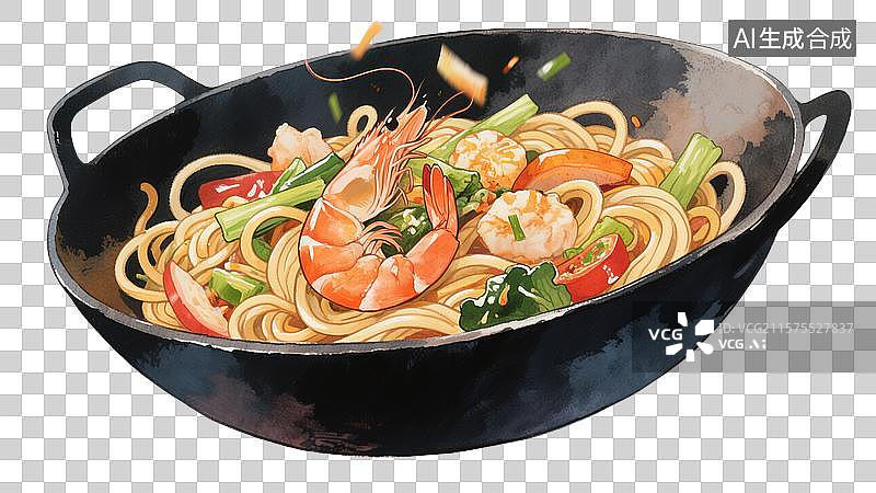 【AI数字艺术】手绘海鲜炒面插画图片素材