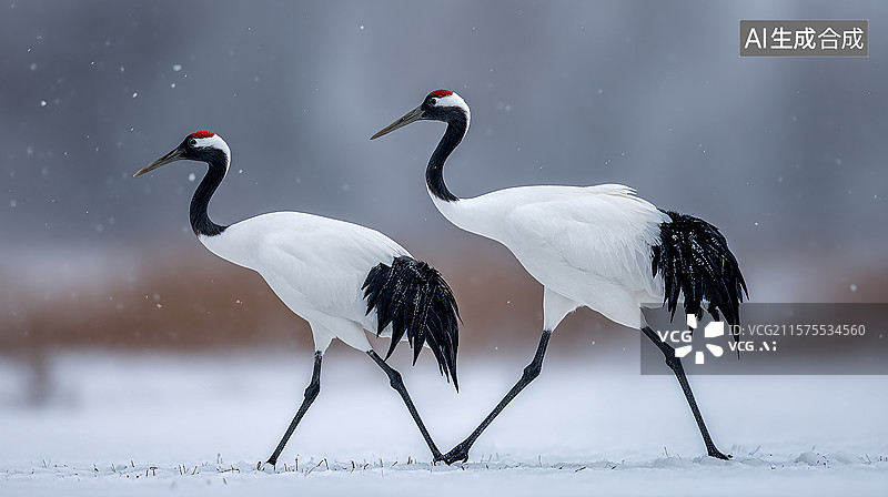 【AI数字艺术】冬日雪中的丹顶鹤图片素材