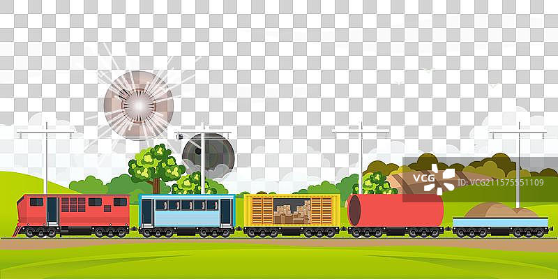 货运列车穿行于树木环绕的自然风景中图片素材