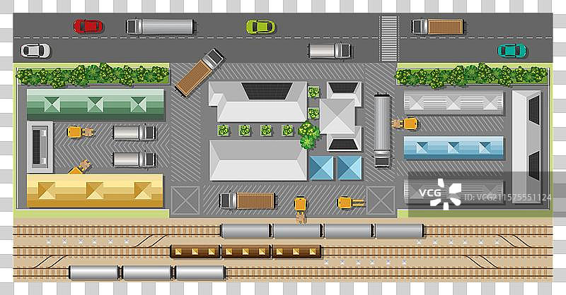 大型物流园区的俯视图，带有仓库图片素材