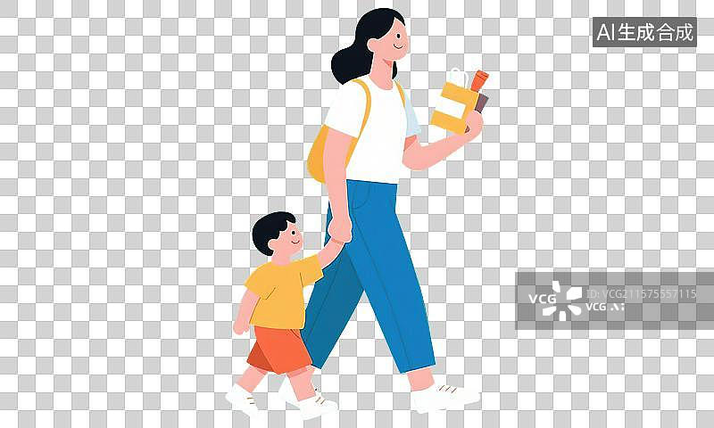【AI数字艺术】双十一双十二618年终好价节购物节日大促销活动妈妈领着小孩手牵手选购超市商品手里拿着货物手绘免扣元素图片素材
