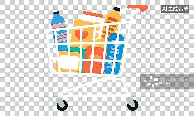 【AI数字艺术】购物节日商场促销活动装满选购商品日用品的购物车618双11双12年货节年终好价节手绘插画免扣元素素材图片素材