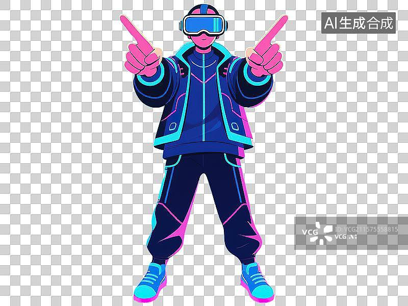 【AI数字艺术】未来科技感VR眼镜虚拟现实网络线上购物游戏体验赛博朋克霓虹高饱和度彩色双手点击手势免扣元素图片素材