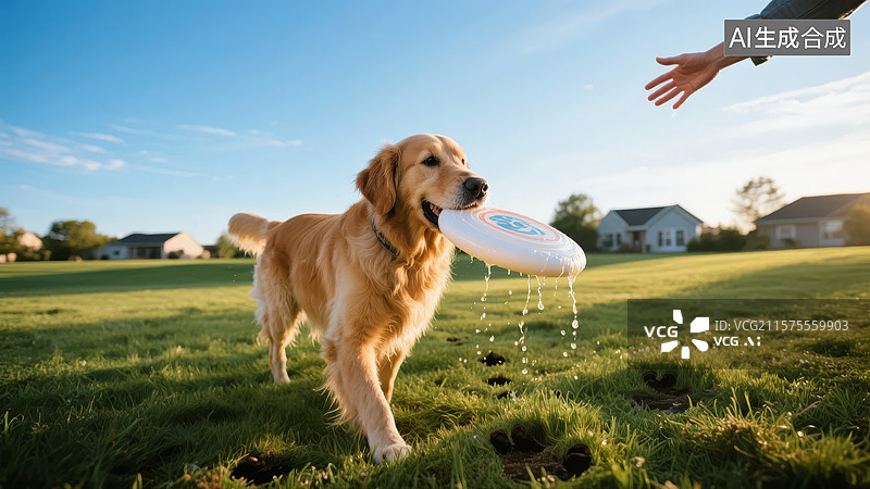 【AI数字艺术】金毛犬叼着飞盘在草地上奔跑图片素材