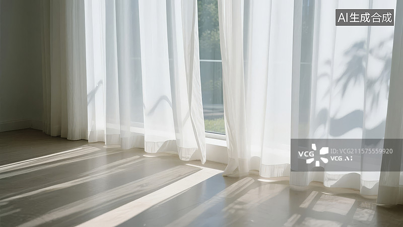 【AI数字艺术】阳光透过窗帘洒在木地板上图片素材