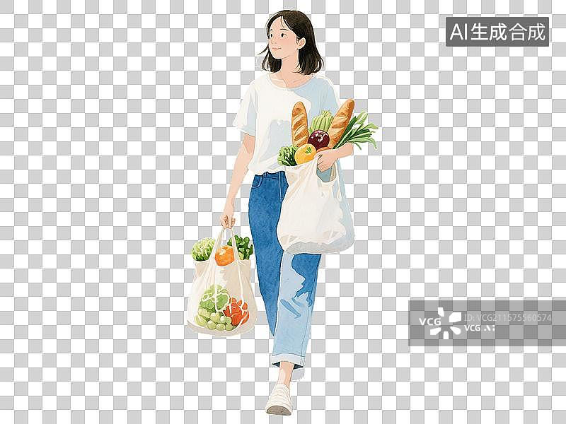 【AI数字艺术】购物节促销活动女生早市场市集采购手提塑料帆布包袋子蔬菜水果面包满载而归上班族日常都市生活阳免扣元素图片素材