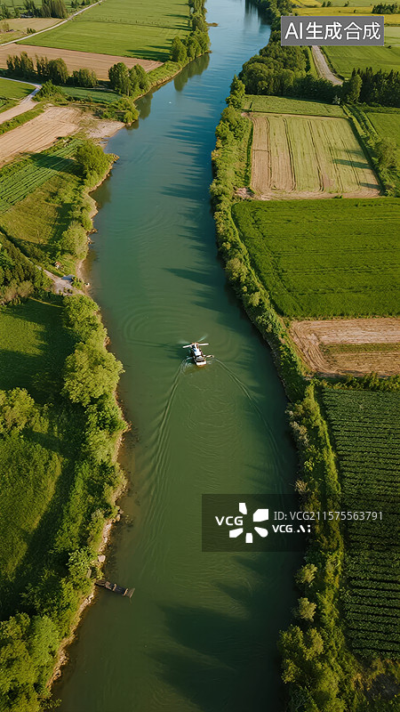 【AI数字艺术】河流穿行于绿野间的航拍图图片素材